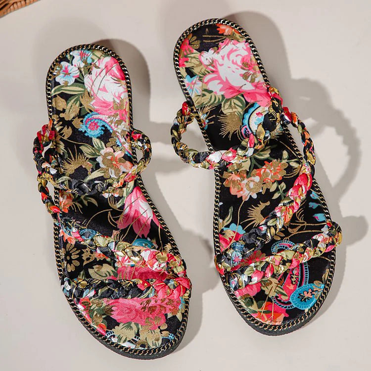 Allover Floral Print Multi Crochet Straps Slides Sandals