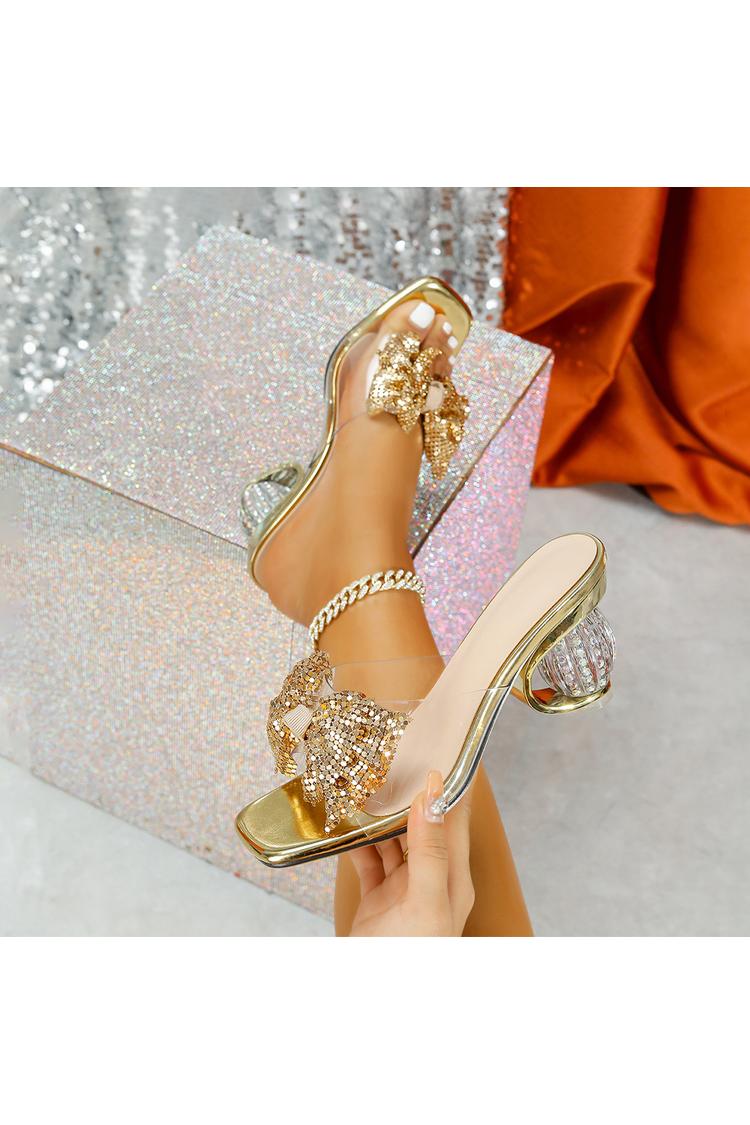 Sandali con tacco a spillo irregolari casual con punta quadrata e fiocco glitterato 