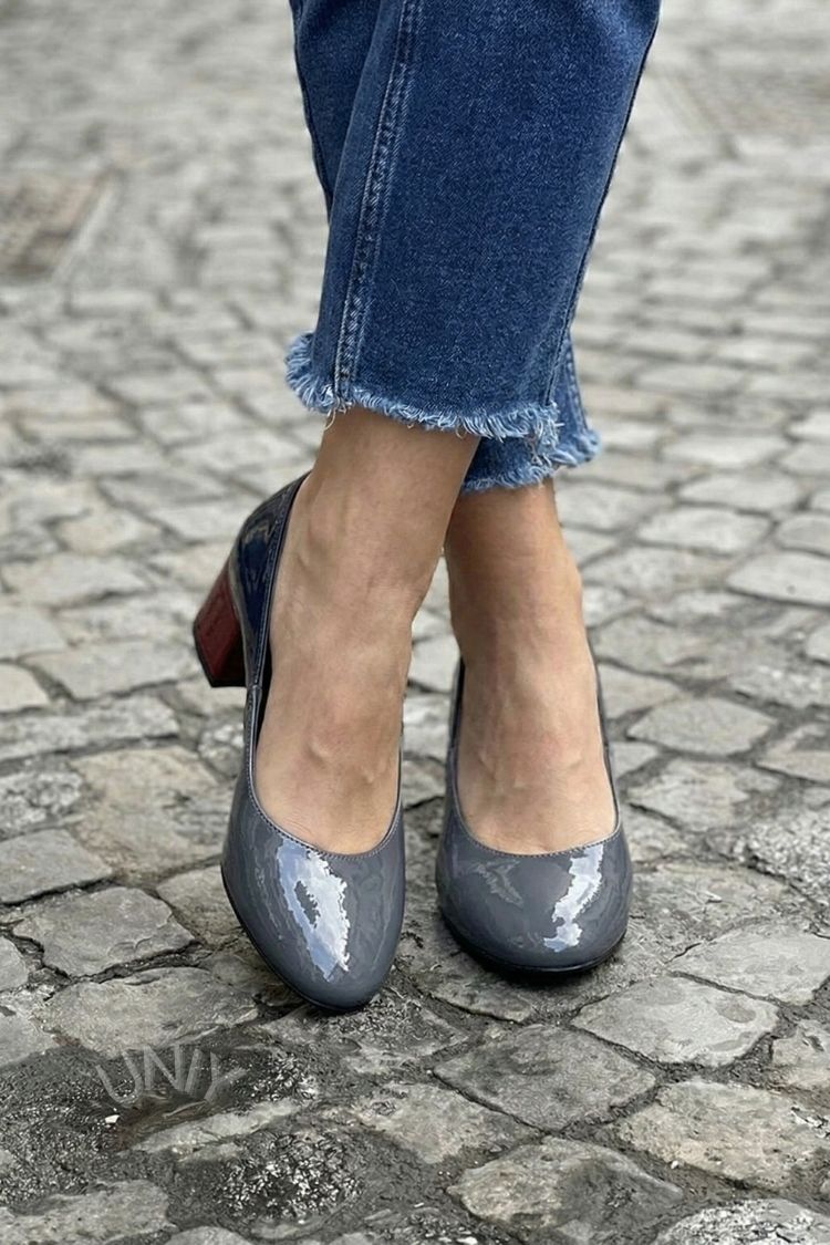 Chic Dark Gray Patent Leather Round Toe Block Heels [Pre Order]
