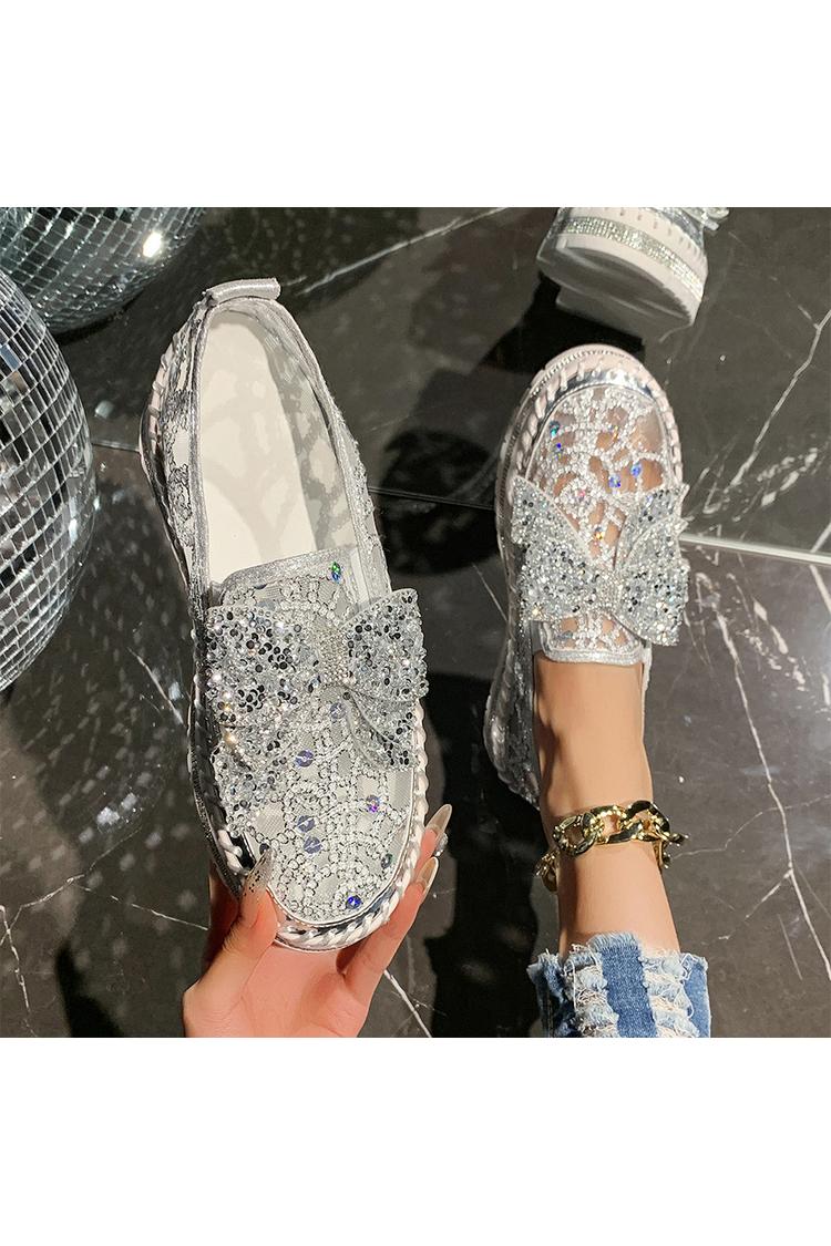 Strass Schleifen Dekor Mesh Runde Zehen Freizeit Plateau Slipper