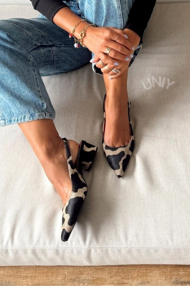 Classic Cow Pattern Pointed Toe Slingback Block Heels