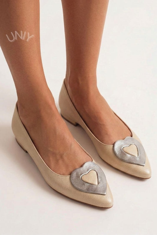 Elegant Beige Pointed Toe Metallic Silver Heart Detail Flats [Pre Order]