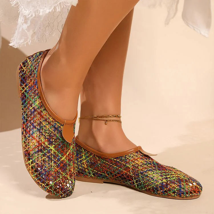 Zapatos planos casuales de punta redonda con rejilla hueca multicolor 