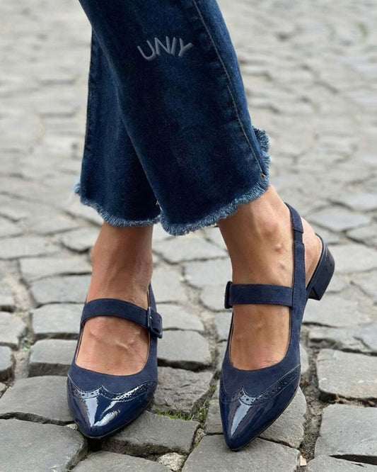 Vintage Navy PU Leather Brogue Mary Jane Slingback Flats [Pre Order]