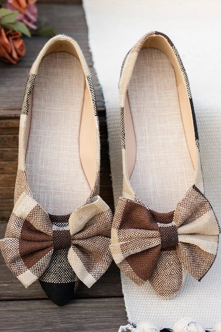 Kolorowe płócienne baleriny z kokardą, spiczasty nosek, wsuwane