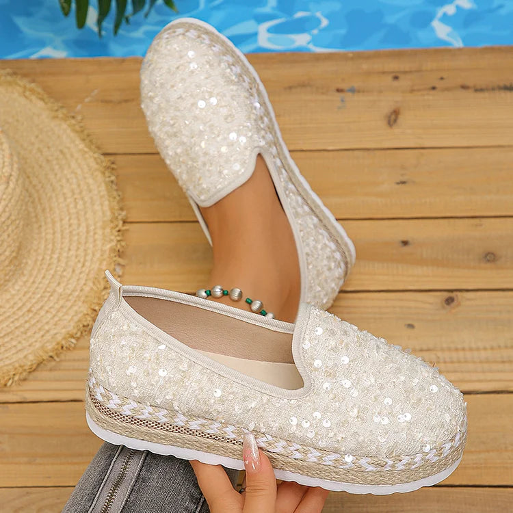 Sequin Woven Espadrille Round Toe Plain Platform Loafers