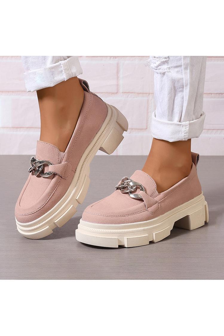 Einfarbige Metallkette Dekor Rundzehen Klobiger Absatz Loafers