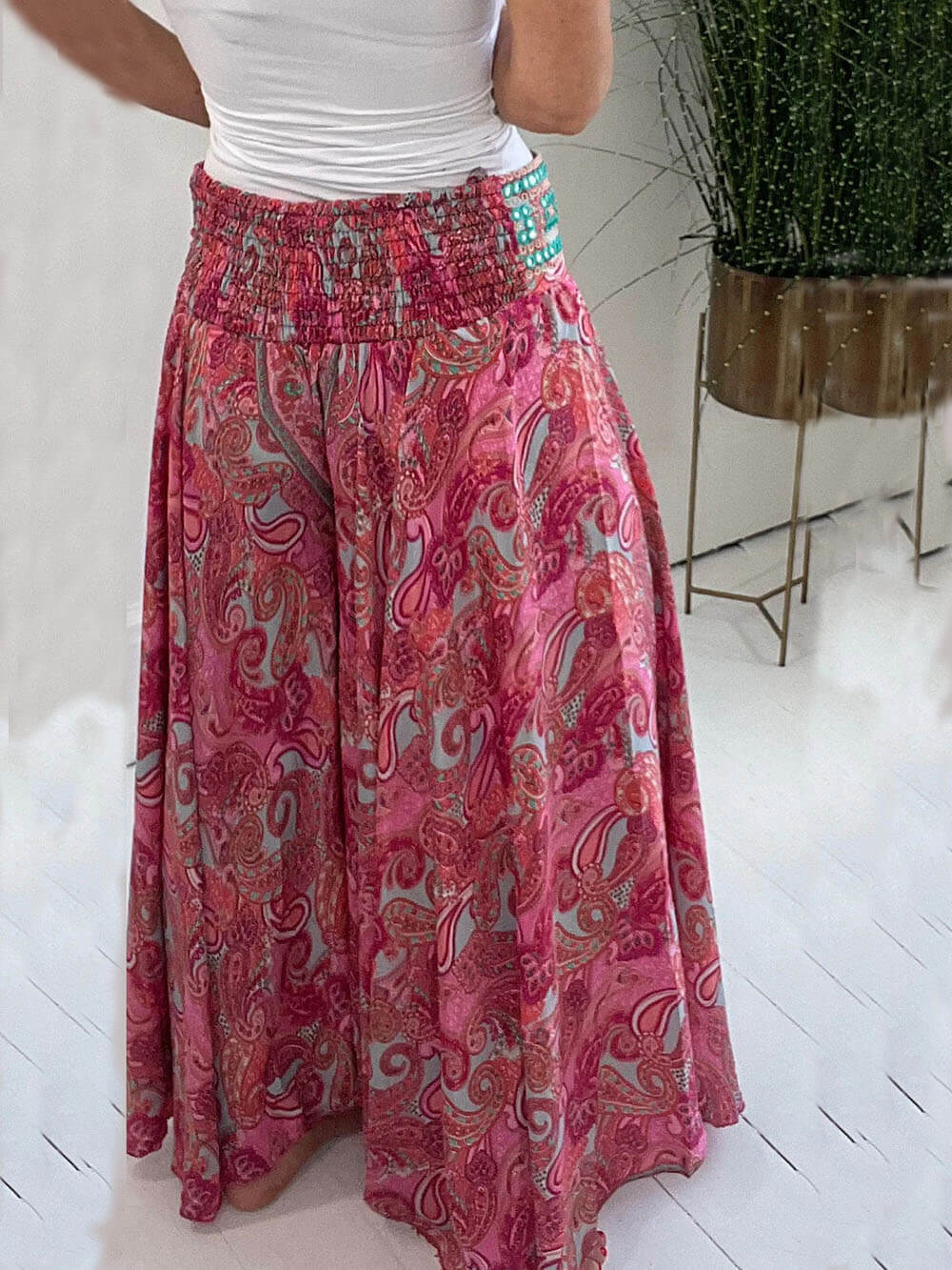 Ethnic Print Elastic Patchwork Waist Lightweight Pants