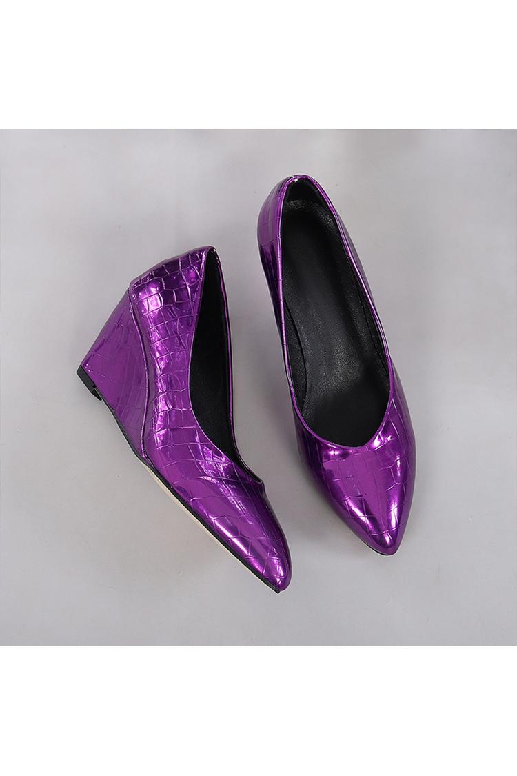 Zeppe con punta affilata, tinta unita, effetto metallizzato lucido, stampa coccodrillo