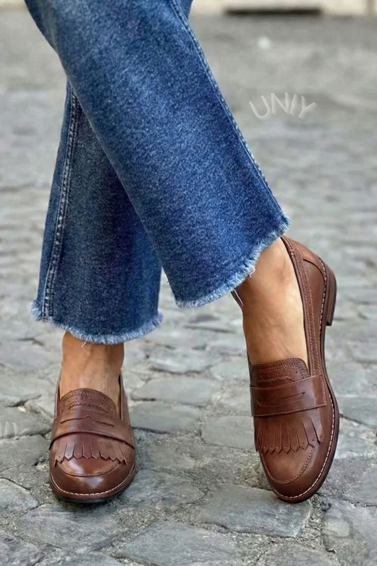 Retro Brown PU Leather Fringe Flat Kiltie Loafers [Pre Order]