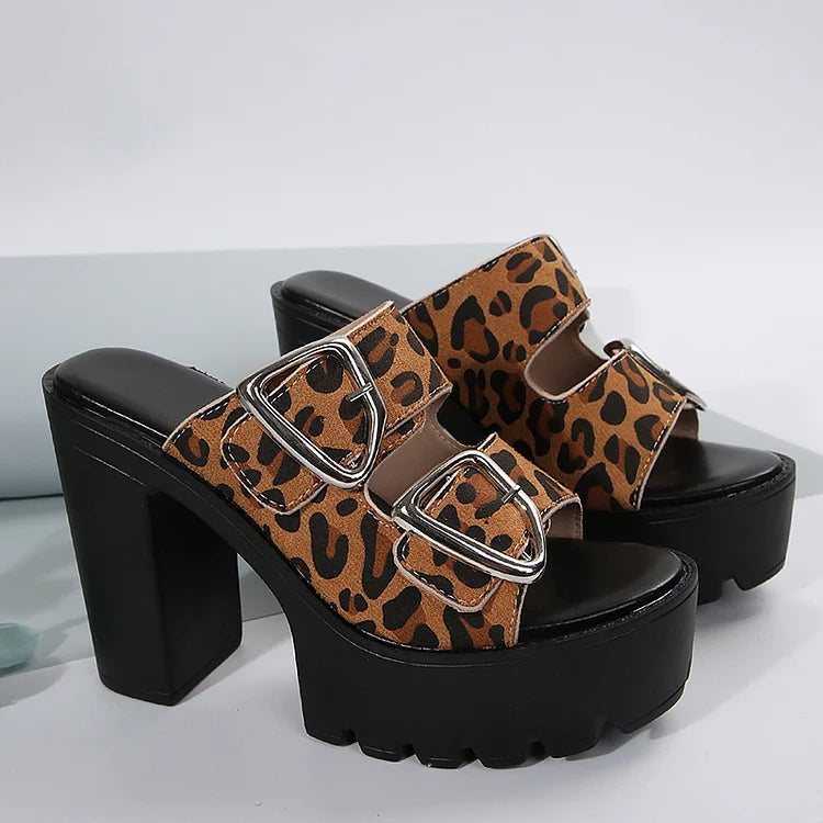 Fivelas de cinto grossas com estampa de leopardo decoração Peep Toe plataforma saltos grossos