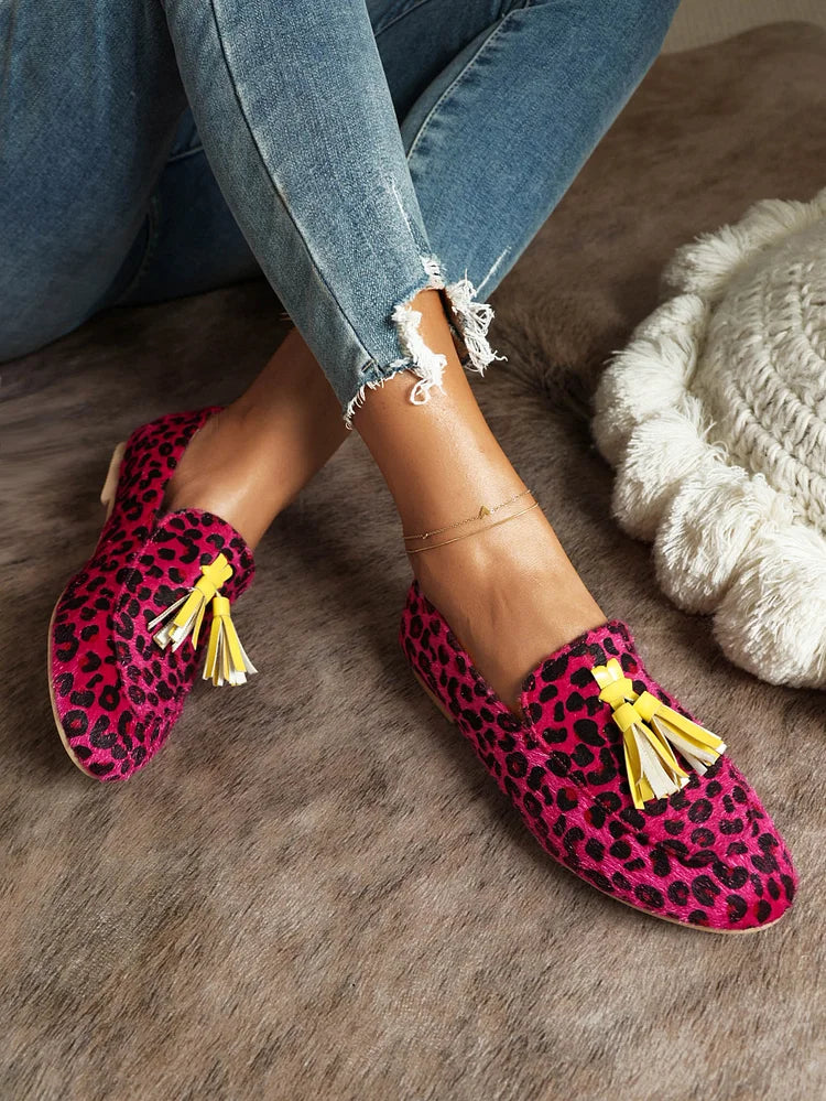 Leopard Print Colorblock Fringed Trim Casual Flat Loafers