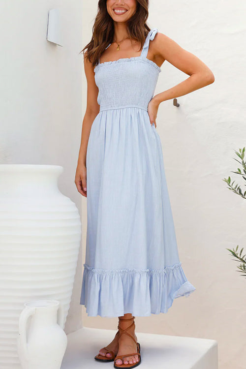 Wide Straps Bow Shoulder Smocked Ruffle Maxi Dress