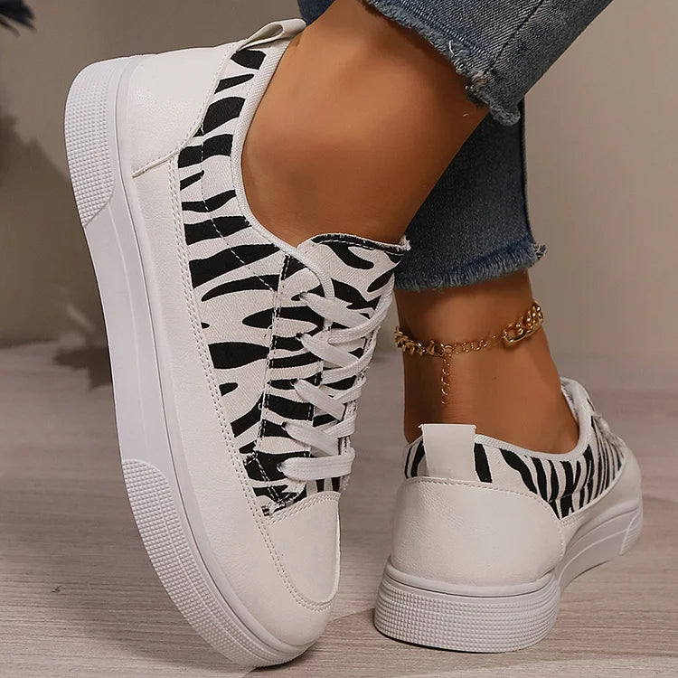 Zebra Print Patchwork Round Toe Casual Lace Up Tênis