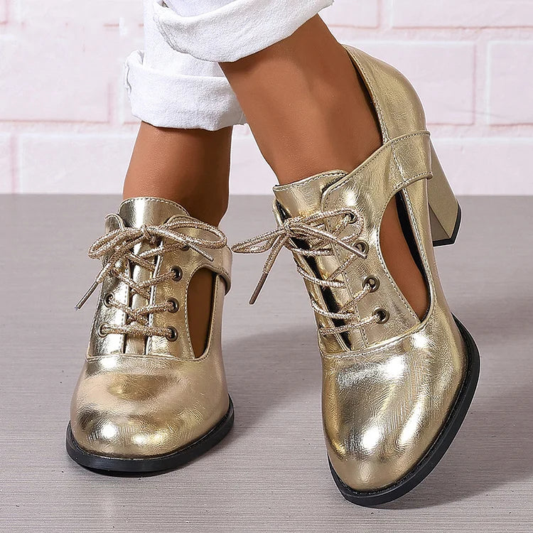 Metallic Sheen Cut Out Lace Up Plain Sandals Chunky Heels