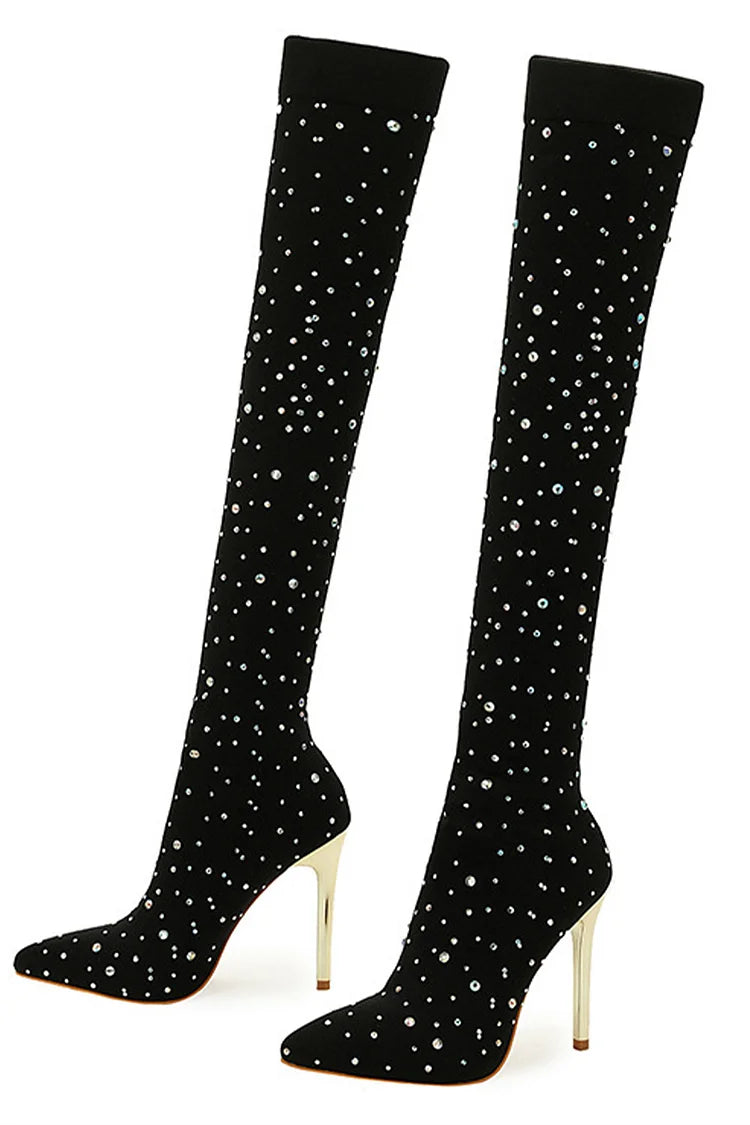 Rhinestone Decor Pointed Toe Stiletto Heel Over The Knee Sock Boots