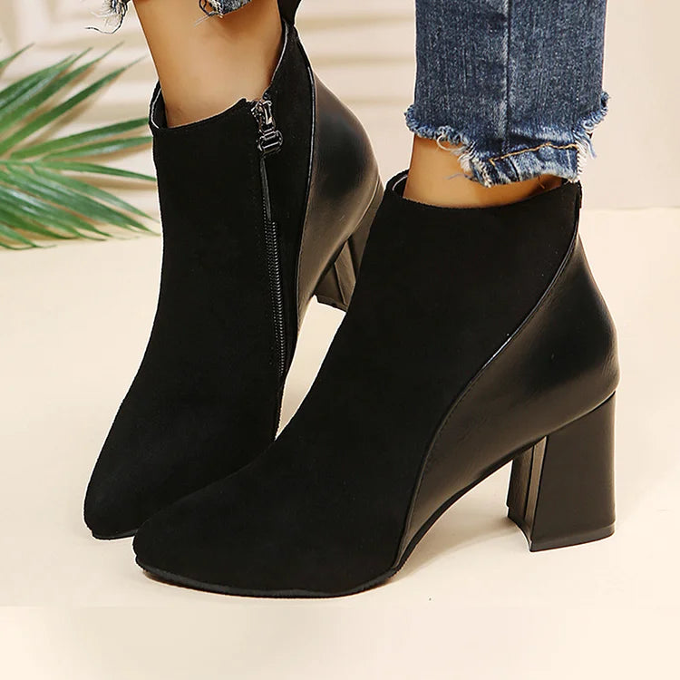 Patchwork Pointed Toe Chunky Heel Zipper Ankle Boots