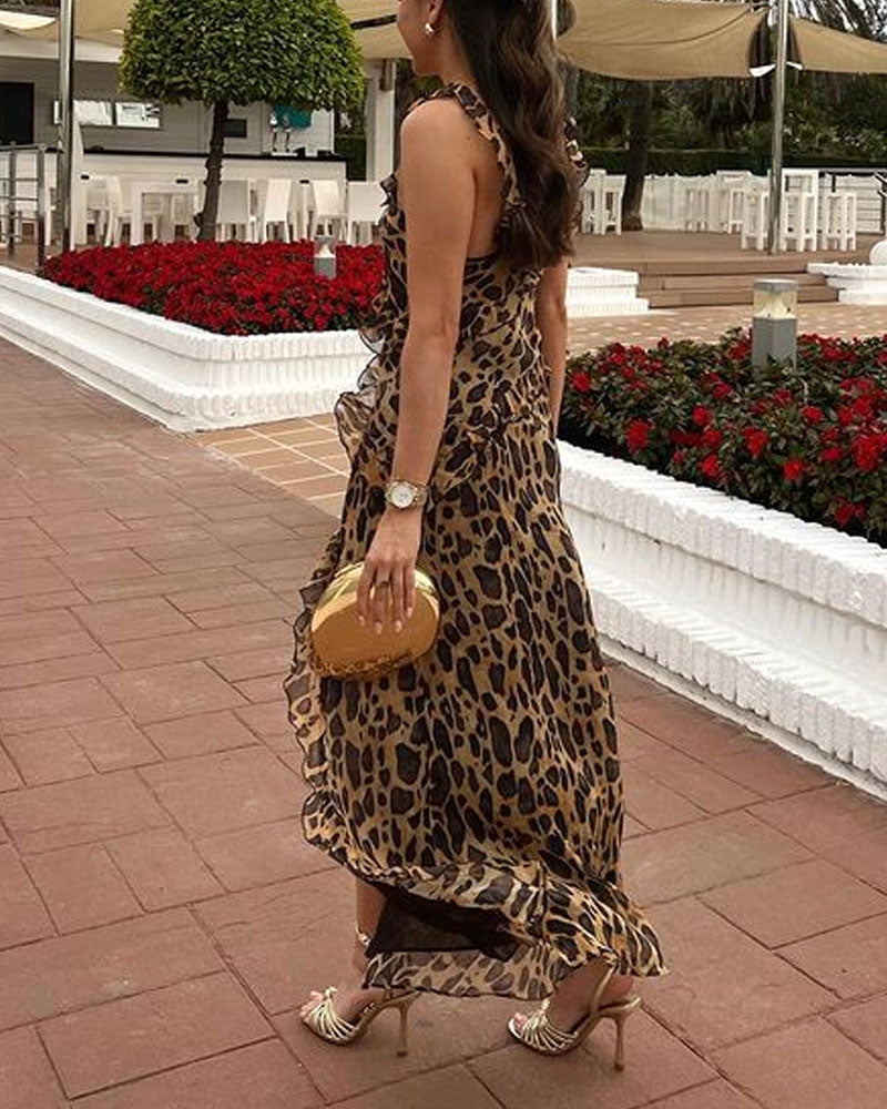 Vestido elegante de chiffon com estampa de leopardo dividido