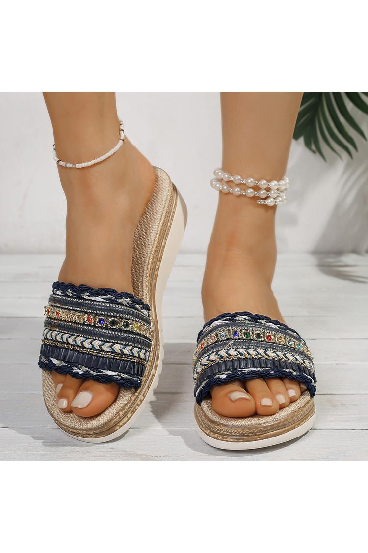 Kolorowe klapki na koturnie z ozdobą z kryształków, z okrągłym noskiem i wzorem patchworkowym, casualowe