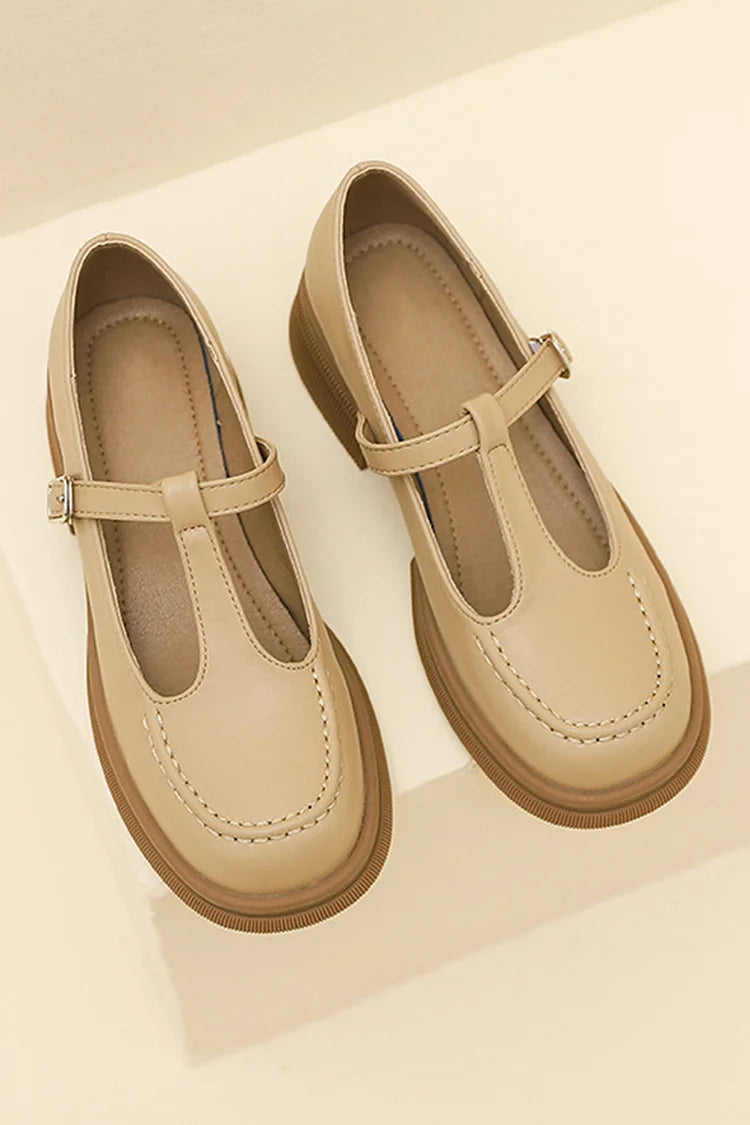 T-Strap Buckle Round Toe Stitch Detail Casual Loafers