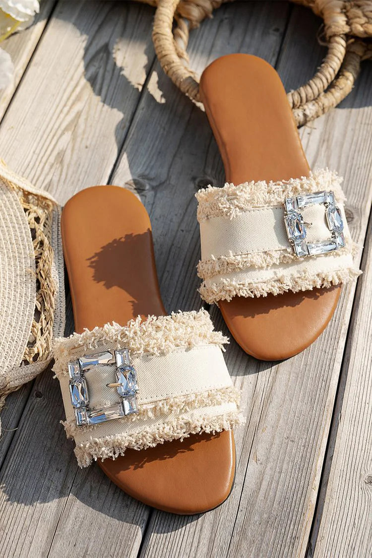 Zapatillas casuales de lona con punta redonda y ribete crudo con decoración de diamantes de imitación 