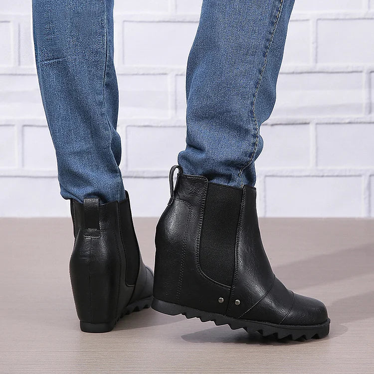 Patchwork Metal Rivet Round Toe Wedge Heel Ankle Boots