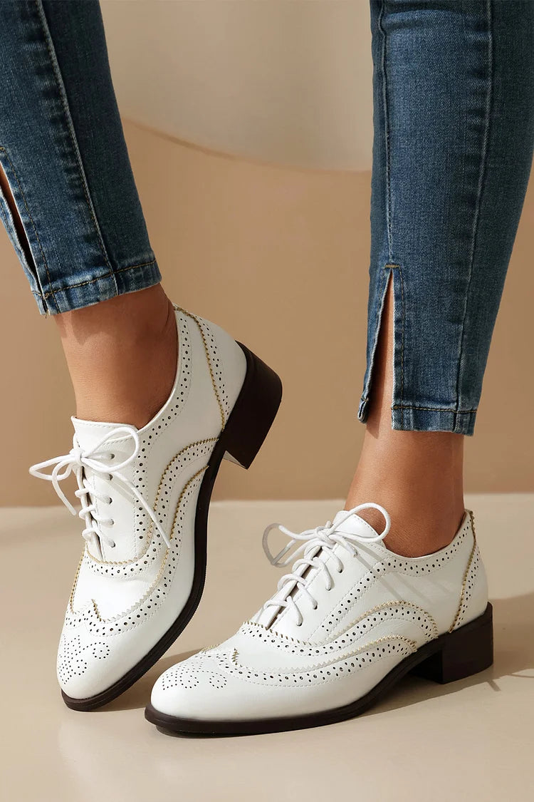 Colorblock Round Toe Low Block Heel Lace Up Brogue Oxfords