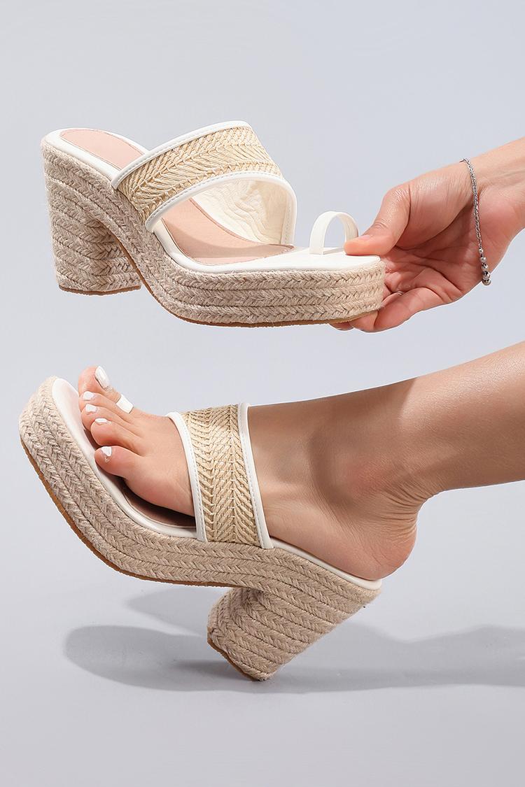 Woven Contrast Trim Toe Ring Casual Platform Chunky Heels