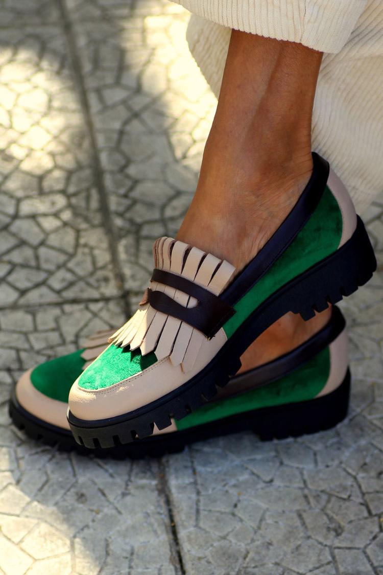 Farbblock Quastenbesatz Patchwork Rundzehen Grüne Loafers [Vorbestellung]