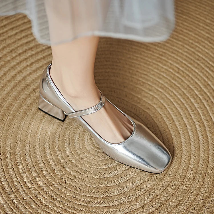 Instep Strap Buckle Metallic Sheen Square Toe Chunky Heels