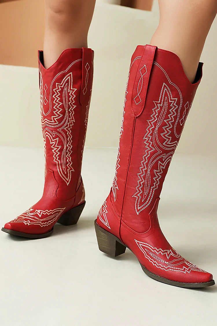 Pointed Toe Embroidery Patchwork Chunky Heel Pull On Western Boots