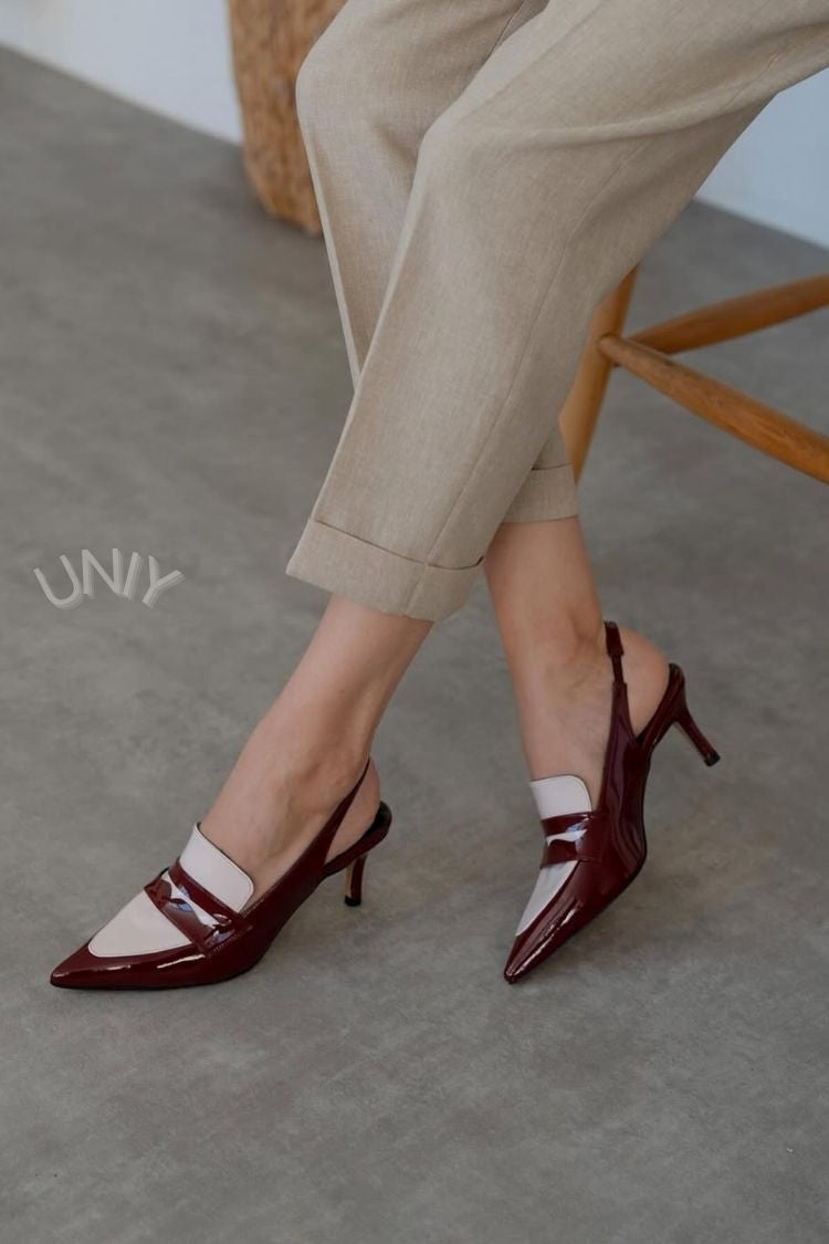 Scarpe con tacco a spillo e cinturino posteriore in vernice color crema bordeaux [Pre-ordine]