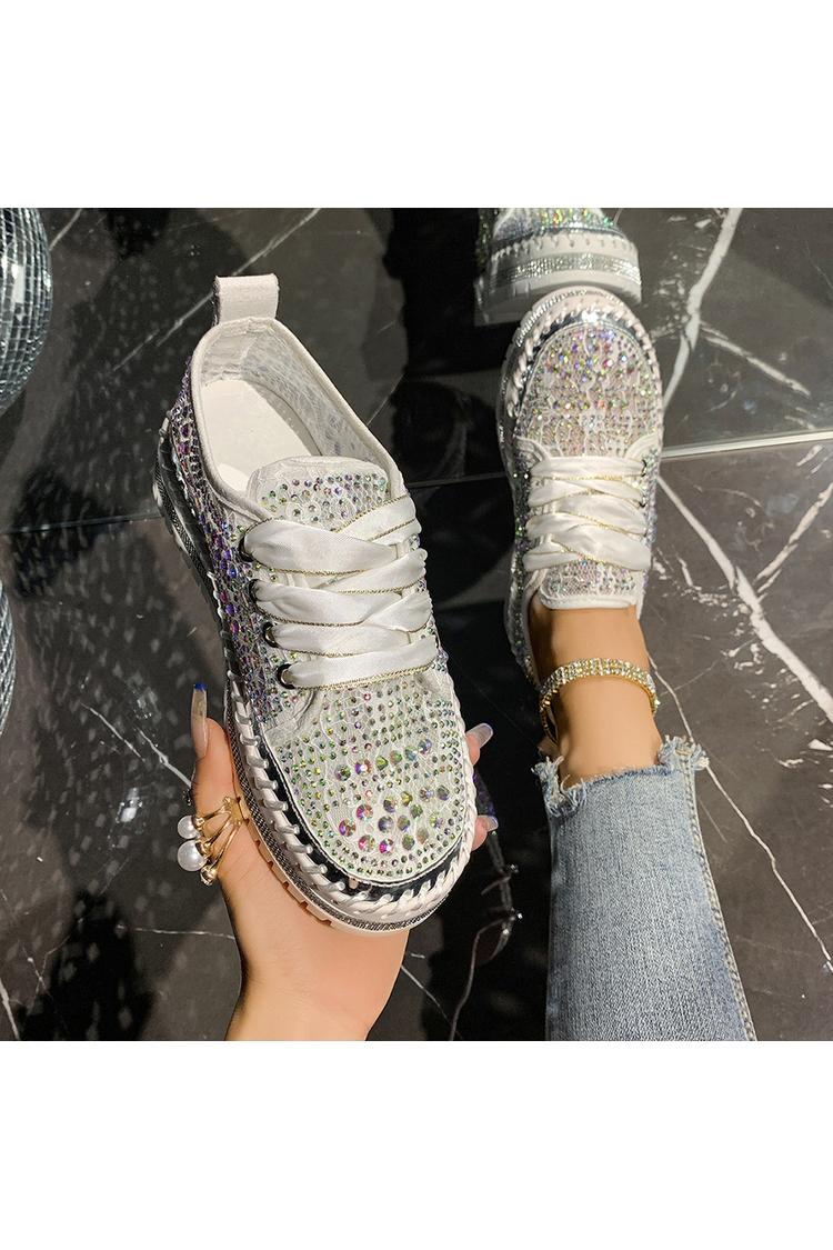 Sneakers casual con plateau e lacci, punta rotonda, decorazioni geometriche in strass 