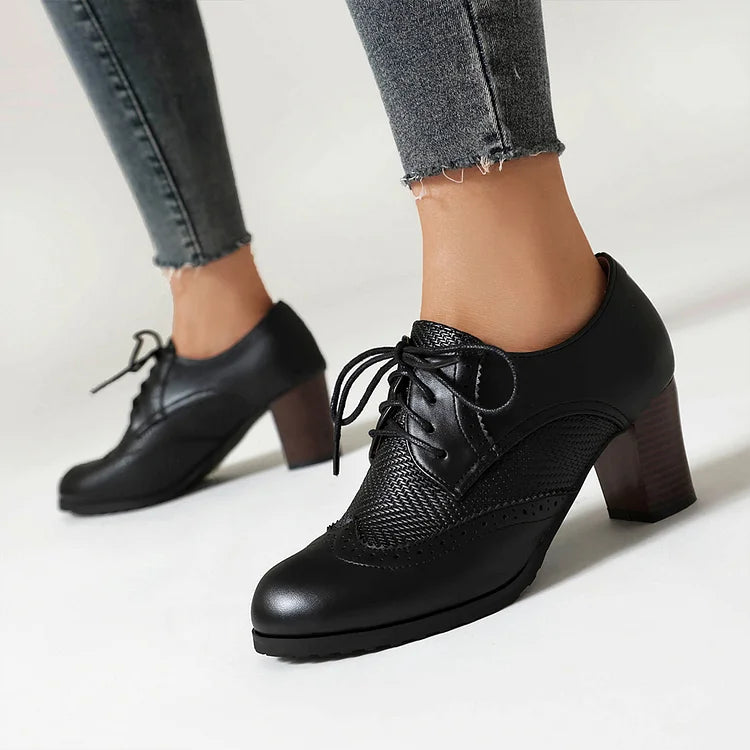 Metallic Sheen Patchwork Round Toe Lace Up Chunky Heels