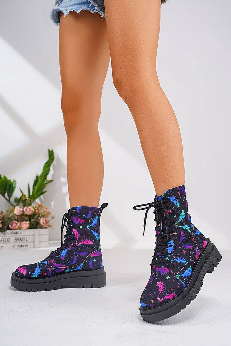 Flower Skull Print Round Toe Casual Lace Up Ankle Boots