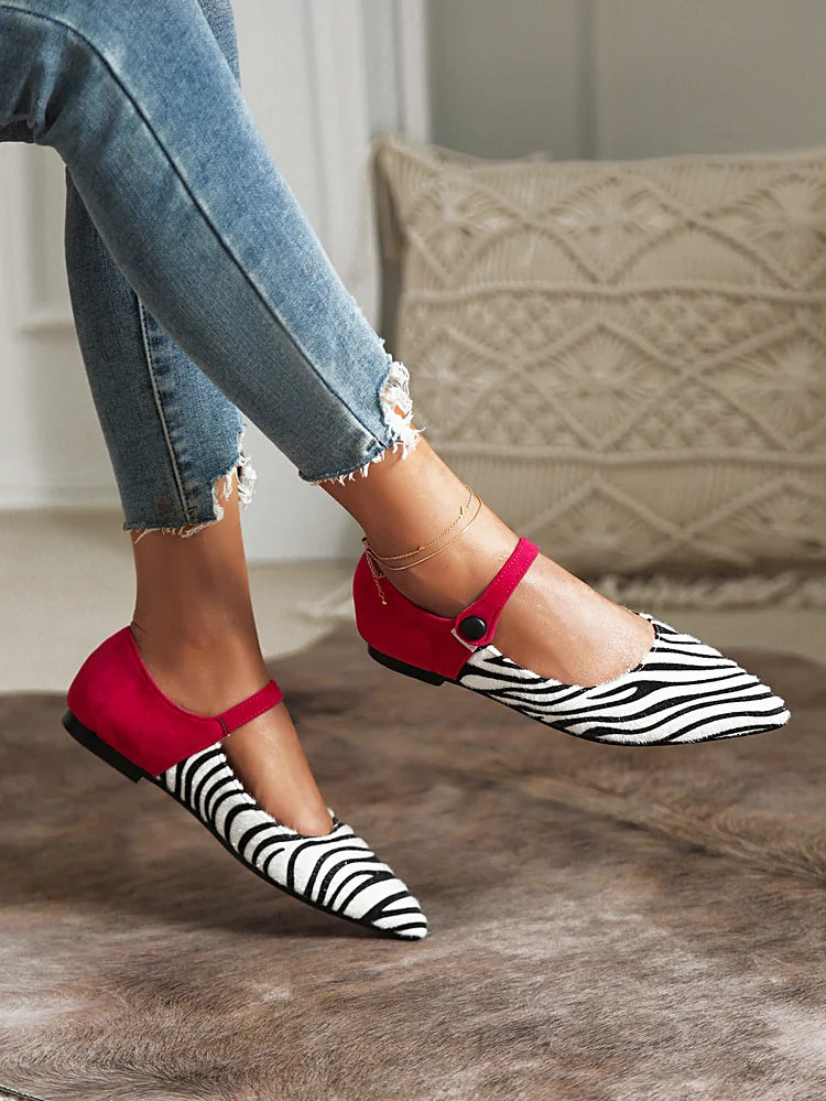 Women's Zebra-Stripe Colorblock Straps Pointy Toe Casual Flats