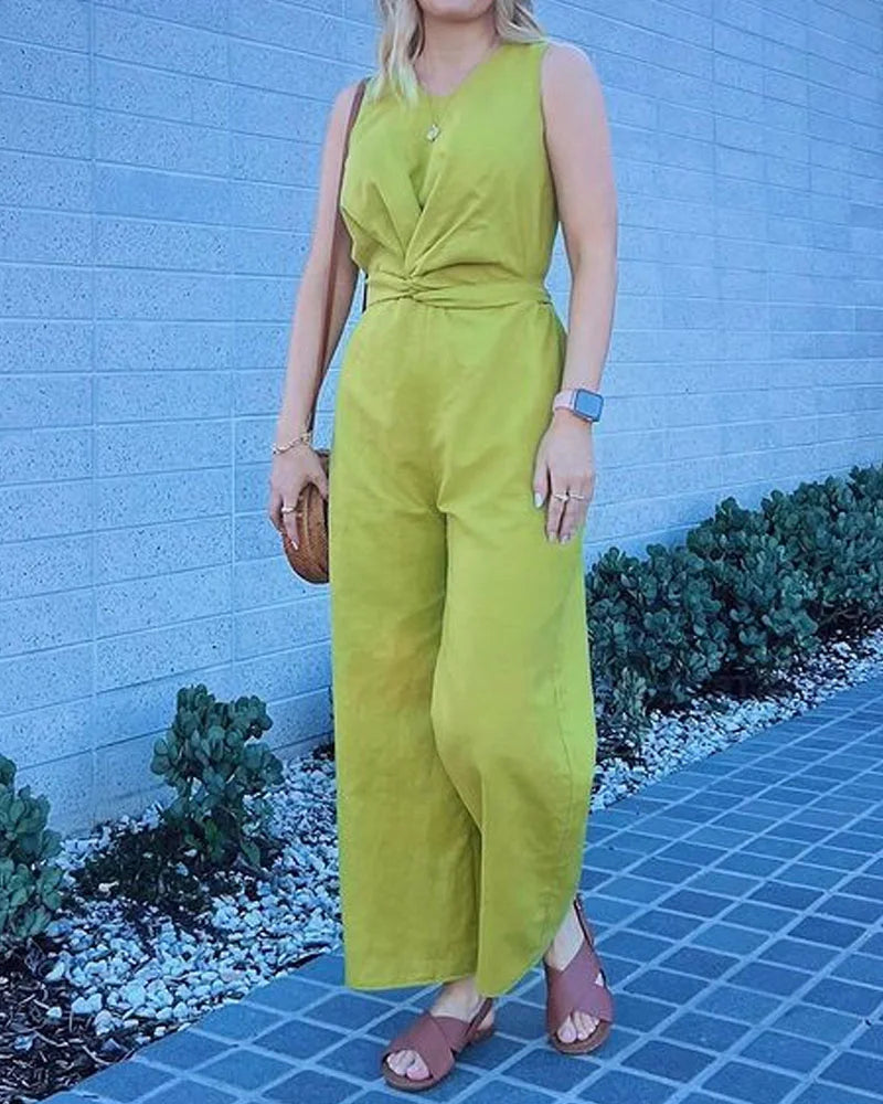 Casual Solid Color Pleated Sleeveless Pants