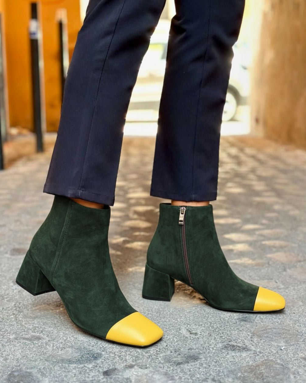 Colorblock Knöchelstiefel mit quadratischer Spitze, Blockabsatz und Reißverschluss [Vorbestellung]