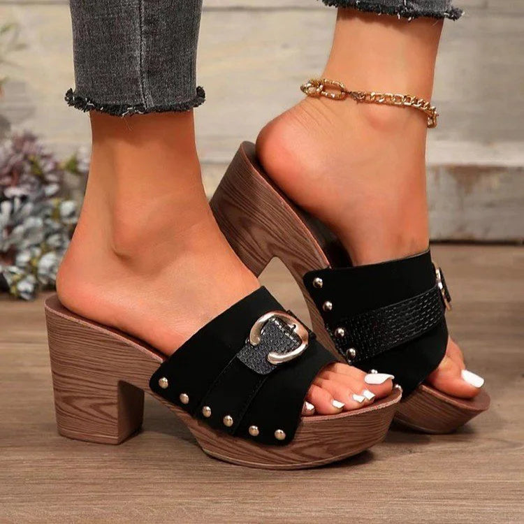 Studded Buckle Decor Patchwork Wood Grain Platform Slides Chunky Heels