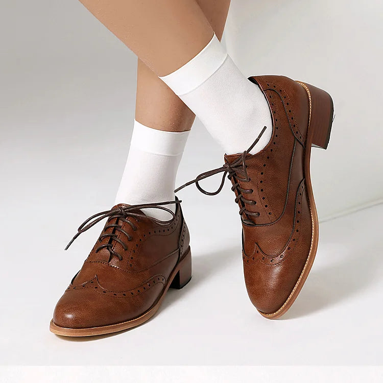 Patchwork Solid Color Round Toe Low Block Heel Lace Up Brogue Oxfords