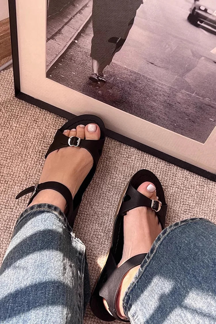 Solid Color Strap Buckle Cutout Round Toe Leather Sandals
