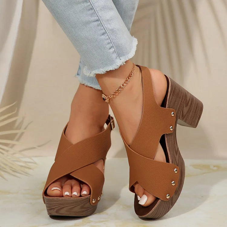 Studded Wood Grain Slingback Strap Buckle Platform Chunky Heels