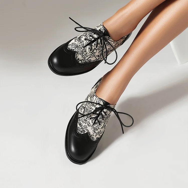 Floral Pattern Canvas Patchwork Lace Up Round Toe Casual Oxfords