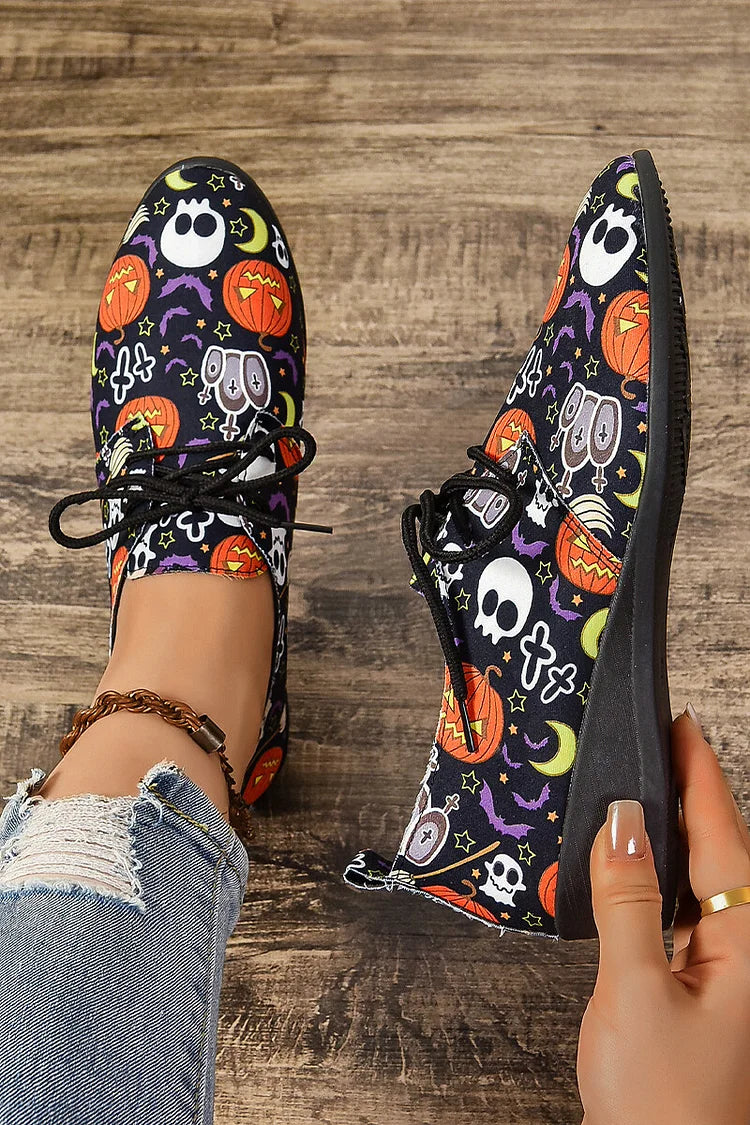 Halloween Ghost Pumpkin Print Dedo do pé redondo amarrar sapatos casuais