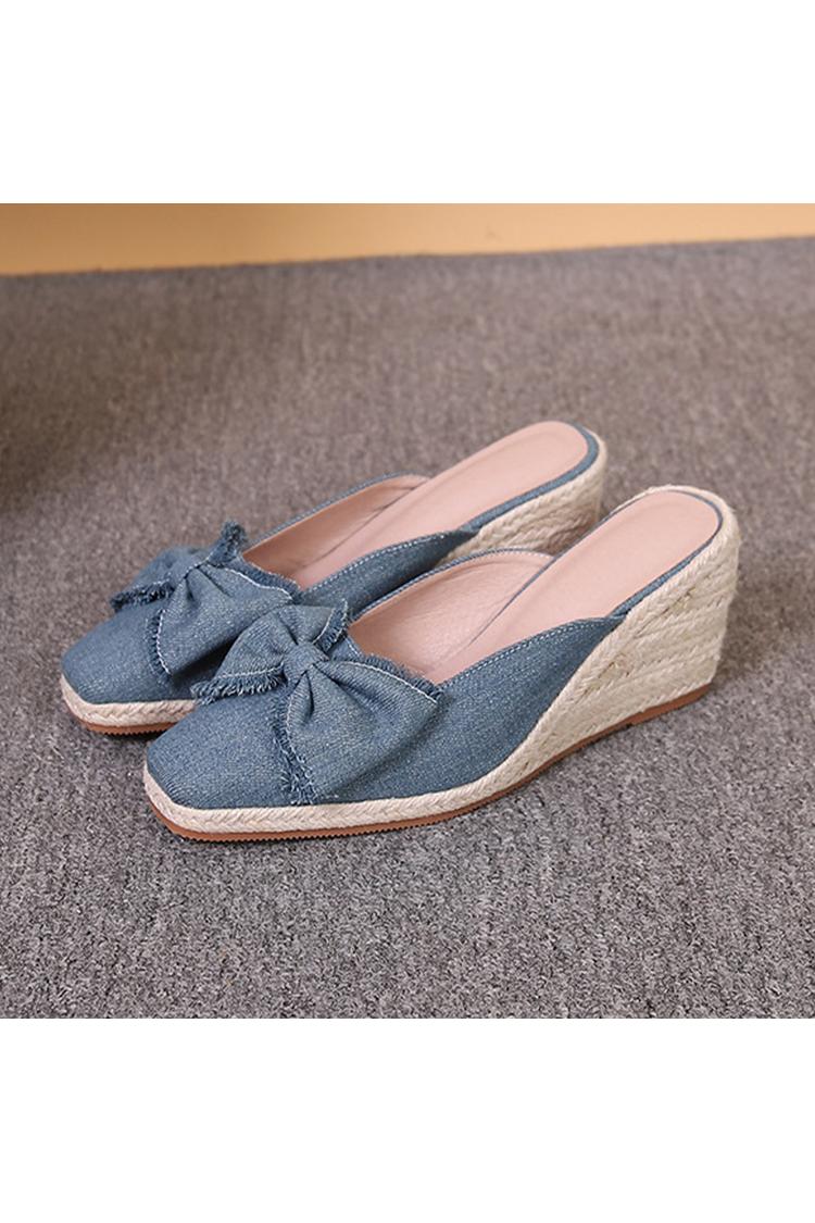 Raw Edge Bow Decor Solid Color Square Toe Casual Wedge Heels