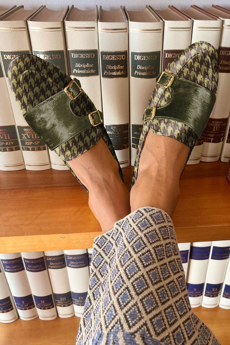 Vintage dunkelgrüne Hahnentritt-Loafer mit rundem Zehenbereich und Metallschnalle [Vorbestellung]