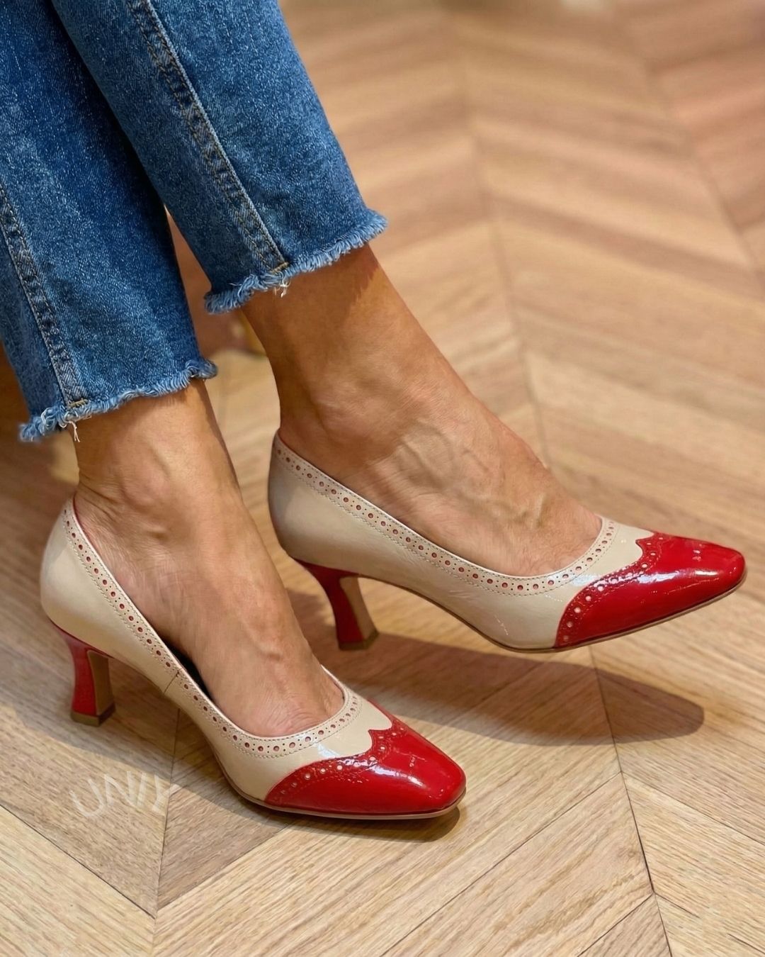 Red Beige Color Block Pointed Toe Block Heel Pumps [Pre Order]