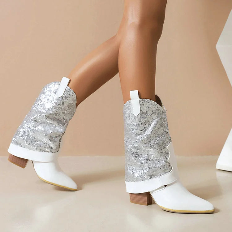 Sequins Decor Fold Over Pointed Toe Chunky Heel Western Boots