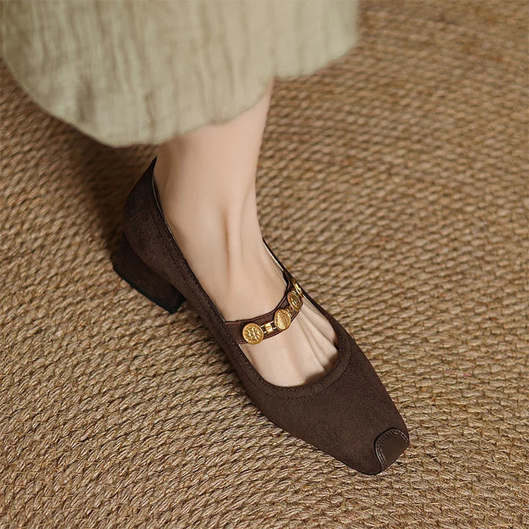 Catena con moneta in metallo, cinturino sul collo del piede, patchwork, punta quadrata, tacco spesso