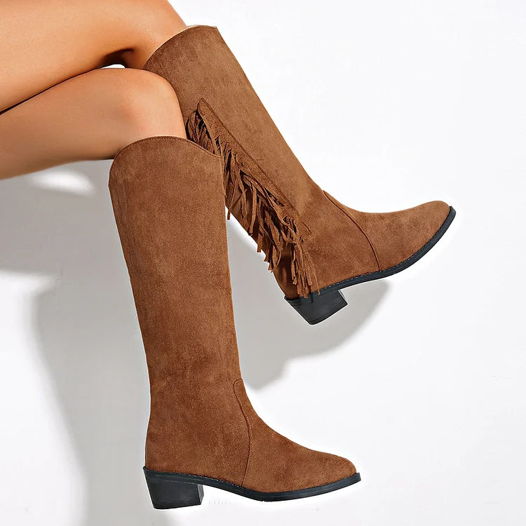 Fringe Patchwork Solid Color Pointed Toe Chunky Heel Knee High Boots